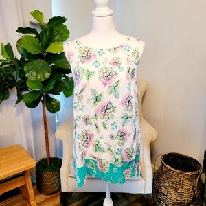 J. Jill Sleeveless Breezy Floral Tunic Tank Top Contrast Hem Border (Size Large)